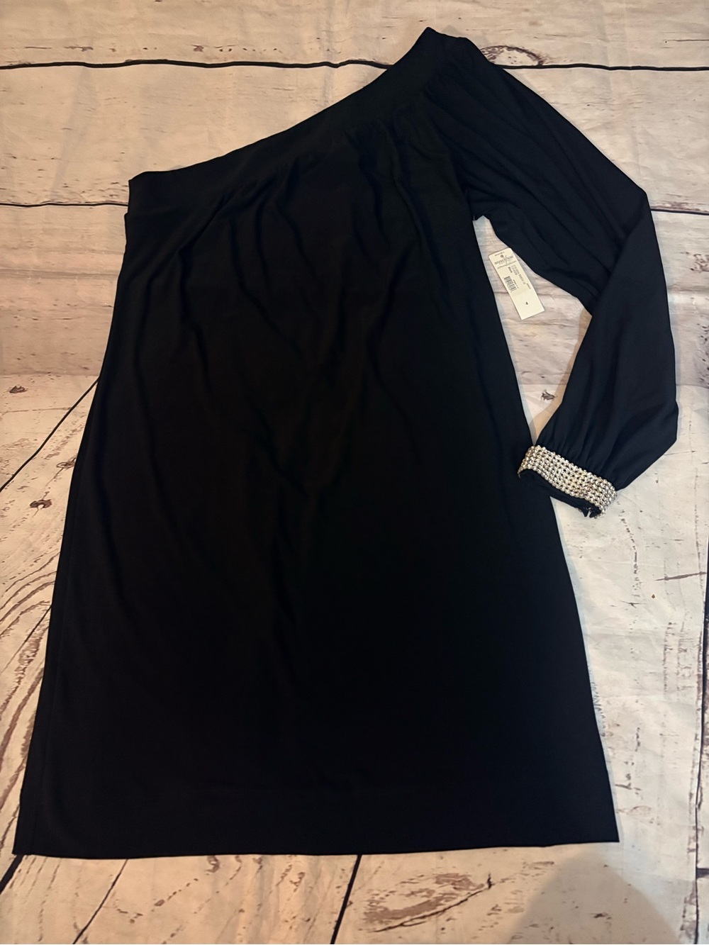 Bisou Bisou Black One-Shoulder Dress with Embellished Sleeve Cuff nwt size 4